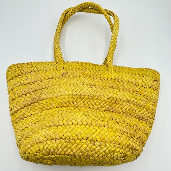 Woven Tote Beach Bag Large Bow Tie Embroidery Polka Dot Lined Yellow NWT Boho - Picture 4 of 13